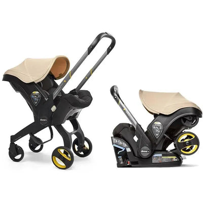 Doona+ Infant Car Seat & Stroller in Sahara Sand, featuring a convertible design with safety harness and sunshade.