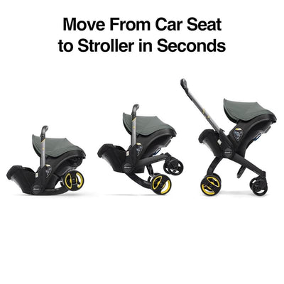 Doona infant car seat in slate green transitioning from car seat to stroller with a text overlay about quick conversion.