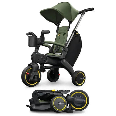 Doona Liki Trike S3 in Desert Green, featuring a safety canopy, adjustable seat, and compact foldable design.