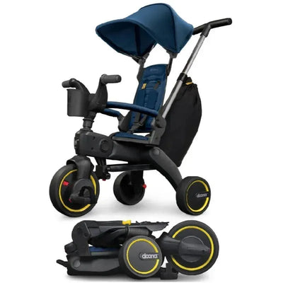Liki Trike S3 in Royal Blue, a foldable tricycle with a canopy, parent handle, and sturdy wheels.