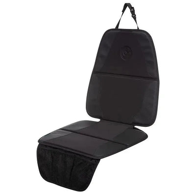 Maxi Cosi black vehicle seat protector with a padded back and mesh storage pocket, designed to protect car seats.