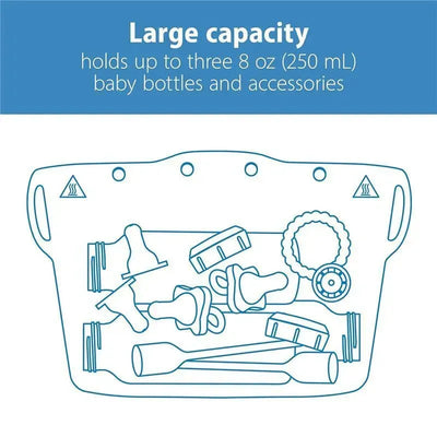 Large capacity reusable silicone sterilizer bag displaying baby bottles and accessories with text indicating it holds three 8 oz bottles.
