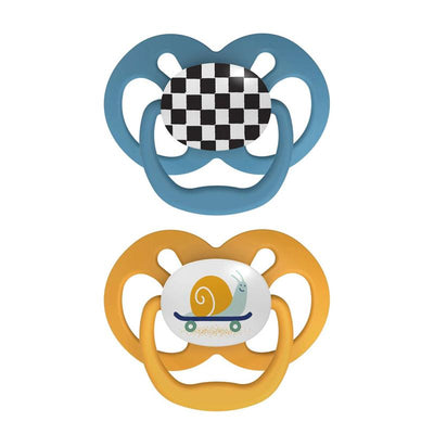 Two Dr. Brown Advantage Pacifiers, Stage 2, in blue with a checkered design and yellow featuring a snail on a skateboard.