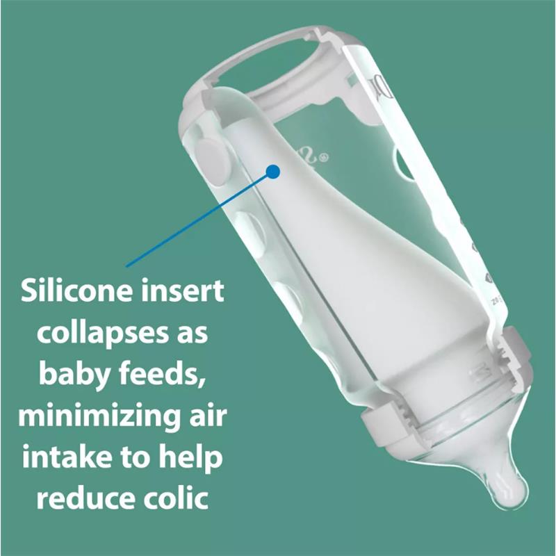Dr. Brown 9 oz silicone baby bottle in blue, featuring a collapsible silicone insert to minimize air intake and reduce colic.