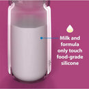 9 oz Dr. Brown silicone baby bottle in blue with a caption highlighting that milk and formula touch food-grade silicone.