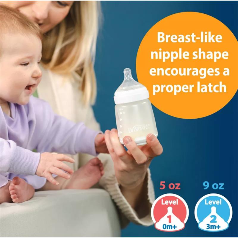 Dr. Brown 9 oz silicone baby bottle in blue, held by a woman, with text highlighting the breast-like nipple shape for proper latch.