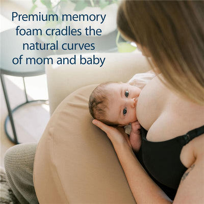 Dr. Brown Feeding & Nursing Lap Support Pillow in light gray, featuring a mother breastfeeding her baby with visible text highlighting its memory foam support.