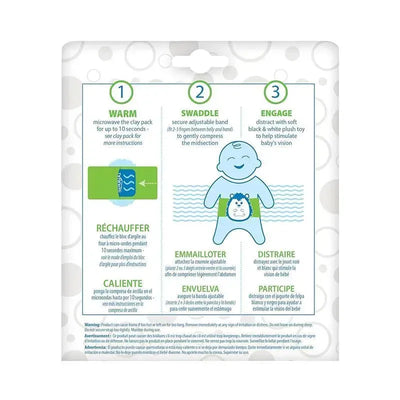 Heated tummy wrap for infants with instructions for use: warm, swaddle, and engage, featuring a plush hedgehog design.