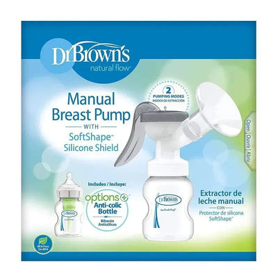 Manual breast pump by Dr. Brown featuring a SoftShape silicone shield, shown with an anti-colic bottle on packaging.