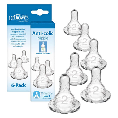 Dr. Brown’s 6-pack of narrow medium flow silicone nipples, labeled Level 2 for babies 3 months and older, featuring anti-colic design.