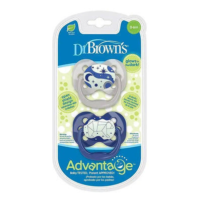 Dr. Brown’s Advantage Glow-in-the-Dark Pacifiers, 2 count, blue, designed for infants 0-6 months with skin-friendly features.