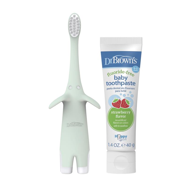 Dr. Brown’s Infant-to-Toddler Training Toothbrush Set, Mint Elephant with Fluoride-Free Strawberry Baby Toothpaste Image 2