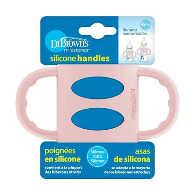 Light pink silicone baby bottle handles featuring blue grips, suitable for most narrow bottles, recommended for ages 4 months and up.