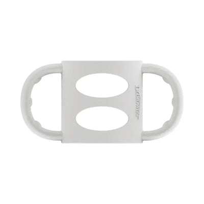 Gray silicone handles for baby bottles, featuring a comfortable grip and oval openings for easy holding.