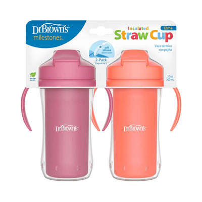 Dr. Brown's 2Pk Milestones Insulated Sippy Cup with Straw and Handles, Pink/Coral, 10 Oz/300 ml Image 1