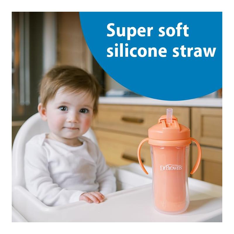 Dr. Brown's 2Pk Milestones Insulated Sippy Cup with Straw and Handles, Pink/Coral, 10 Oz/300 ml Image 3
