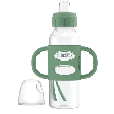 8 oz transparent sippy bottle with a green silicone grip and handles, featuring a removable clear spout cap.