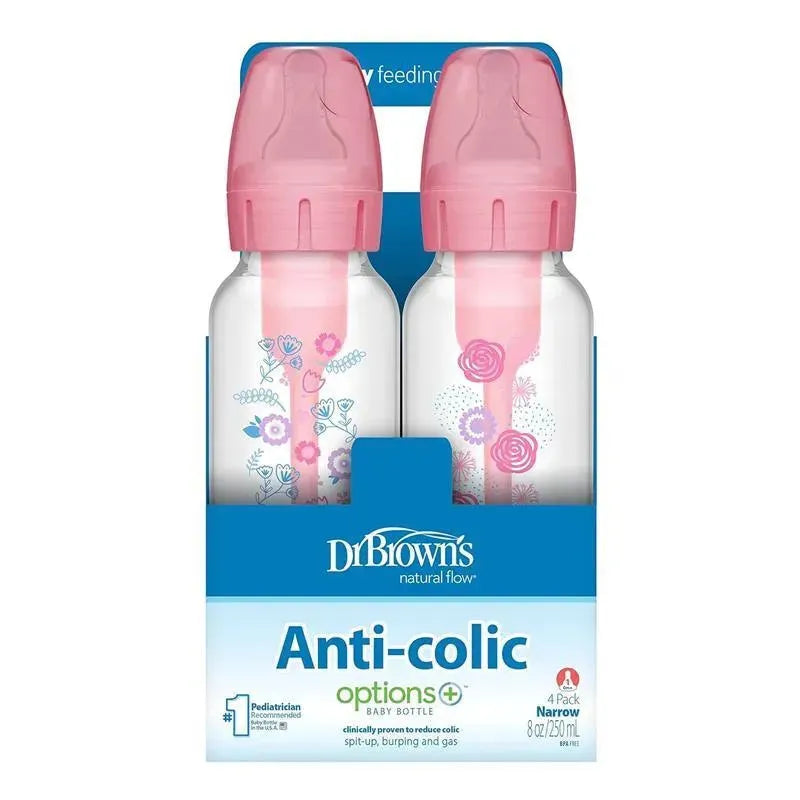 Dr. Brown's - 8 Oz/ 250 Ml Options+ Narrow Anti-Colic Baby Bottle, Pink Floral, 4-Pack Image 2