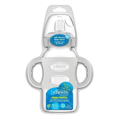 9 oz wide-neck sippy spout bottle with silicone handles, gray; features soft silicone spout and easy grip.
