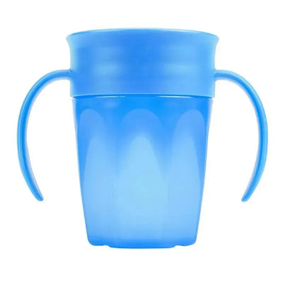 Spoutless blue training cup with two handles, designed for toddlers to drink easily without spills.