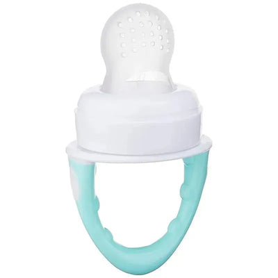 Silicone feeder in mint with a white cap and perforated top for safe feeding of fruits and vegetables to infants.