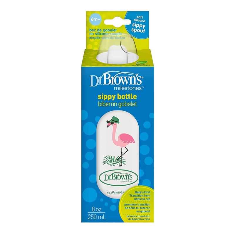 Dr. Brown's Milestones Narrow Sippy Bottle, 100% Silicone Soft Sippy Spout, 8oz/250mL, 6M+, Flamingo Image 6