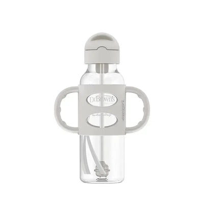 Narrow gray sippy straw bottle with silicone handles, featuring a transparent body and a white straw.