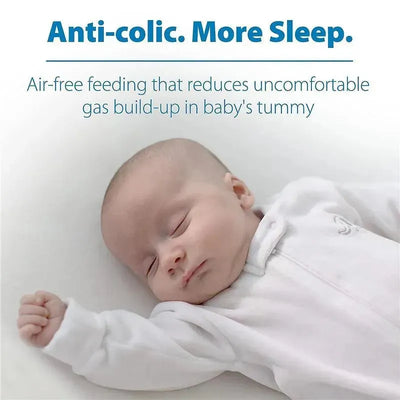 Anti-colic bottle benefits: gentle sleeping baby in a white onesie, highlighting air-free feeding for reduced gas.