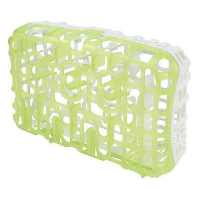 Dishwashing basket in vibrant green and white, designed to hold bottle parts securely during cleaning.