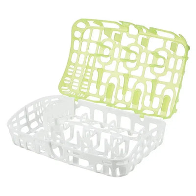 Dishwashing basket with a white base and a green lid, designed to hold baby bottle parts securely during cleaning.