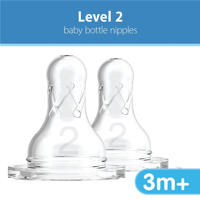 Standard Level-2 baby bottle nipples in a 2-pack, designed for infants 3 months and older.