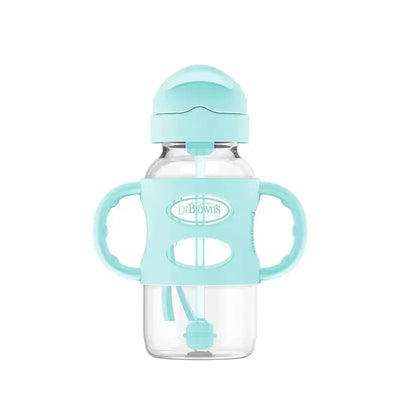 Wide-neck sippy straw bottle with silicone handles, featuring a light green color and a transparent body.