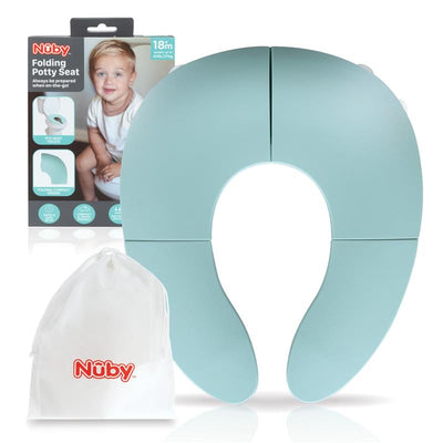 Folding potty seat by Nuby in soft mint green with a storage bag, suitable for toddlers from 18 months.