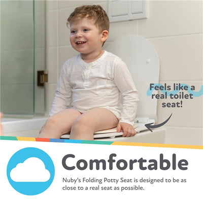 Child smiling while sitting on a white folding potty seat in a bathroom, with text highlighting its comfort and real-seat feel.