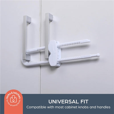 Cabinet sliding lock in white, designed for child safety; compatible with most cabinet knobs and handles.