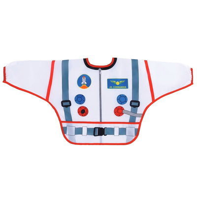 Toddler bib with sleeves designed as an astronaut, featuring colorful buttons, patches, and a front zipper.