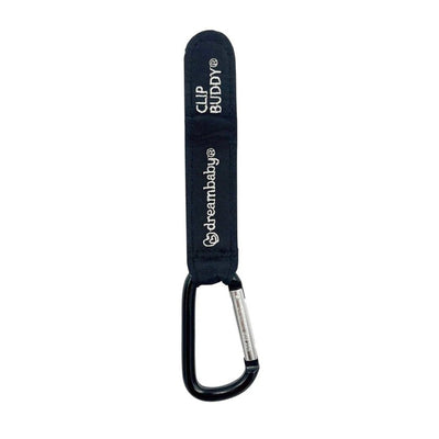 Black Dreambaby Clip Buddy carabiner with a soft strap, designed to secure items for easy access.