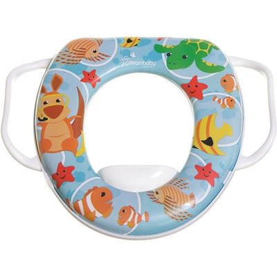 Soft potty seat with Australian animal designs, featuring sides for gripping and a central opening for toilet training.