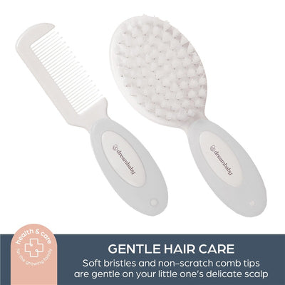 Dreambaby Essential Grooming Kit featuring a soft-bristled brush and comb with non-scratch tips for gentle hair care.