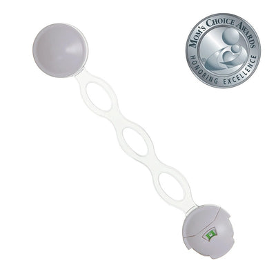 Multi-use safety latch in white, featuring a round handle and flexible connection for securing cabinets and drawers.