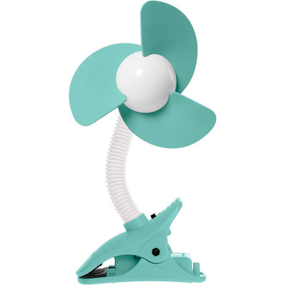 Battery-operated clip-on fan in aqua color with flexible neck and three-blade design. Ideal for personal cooling.