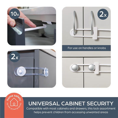Dreambaby Home Safety Kit - 46 Piece, featuring cabinet security locks for child safety, includes various lock types and quantities.