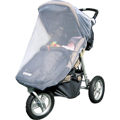 Stroller insect netting covering a stroller with a baby inside, protecting against insects while outdoors.