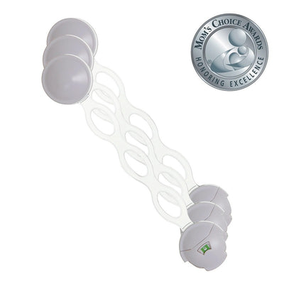 Multi-use latches in a pack of three, featuring suction cup ends and a flexible strap for securing cabinet doors.
