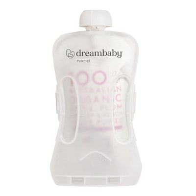 Dreambaby Pouch Pal, a transparent reusable pouch designed for baby food storage, features a screw-on cap and side clips.