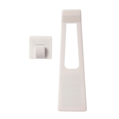 White Dreambaby refrigerator latch with a main latch and adhesive base, designed for child safety.