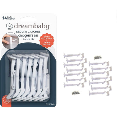 Dreambaby Secure Catches - 14 pack of white safety catches with screws for childproofing furniture.