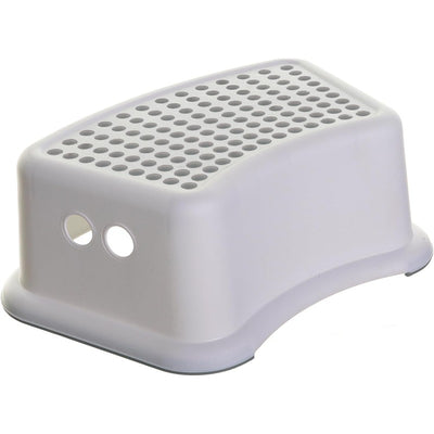 Grey polka dot step stool designed for children, featuring a sturdy plastic build and textured non-slip surface.