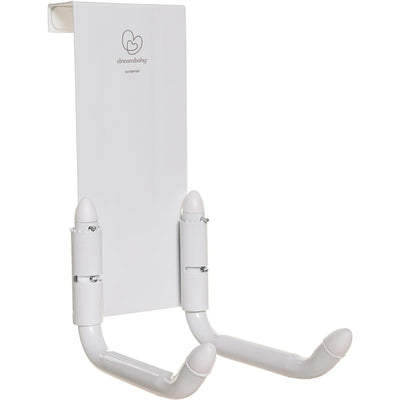 Over-the-door stroller hanger featuring two curved hooks, designed for storing strollers, in white finish.