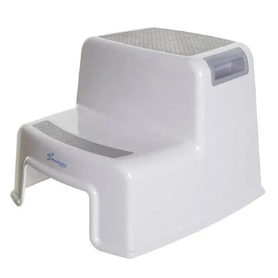 Grey and white Dreambaby 2-Up Step Stool featuring a textured top surface and side handle for easy portability.